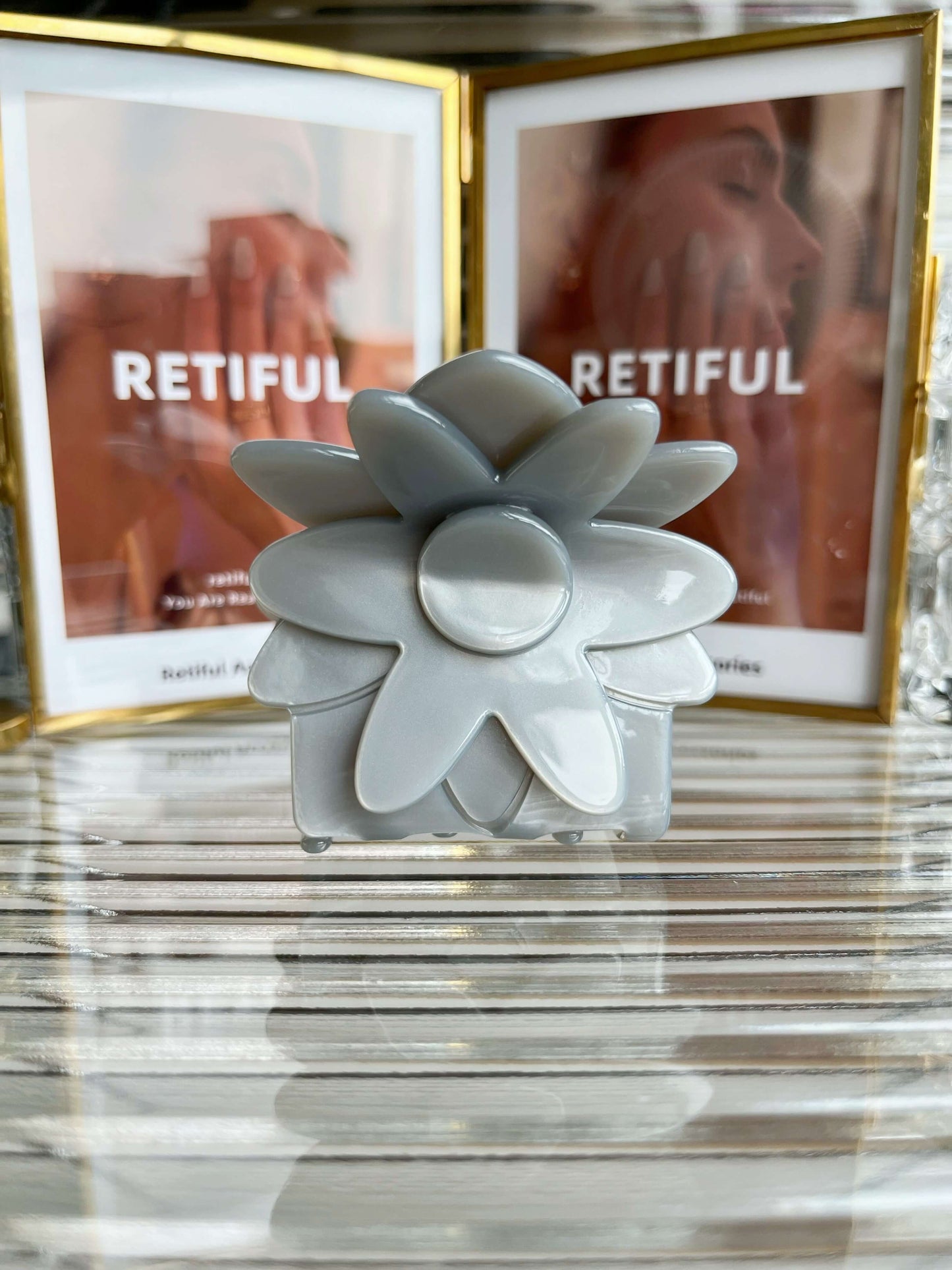 Dahlia Flower Claw Clip In Grey