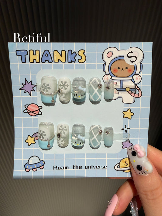HK0013 Snowman Kitty Snowflake Winter Christmas Press-On Nails