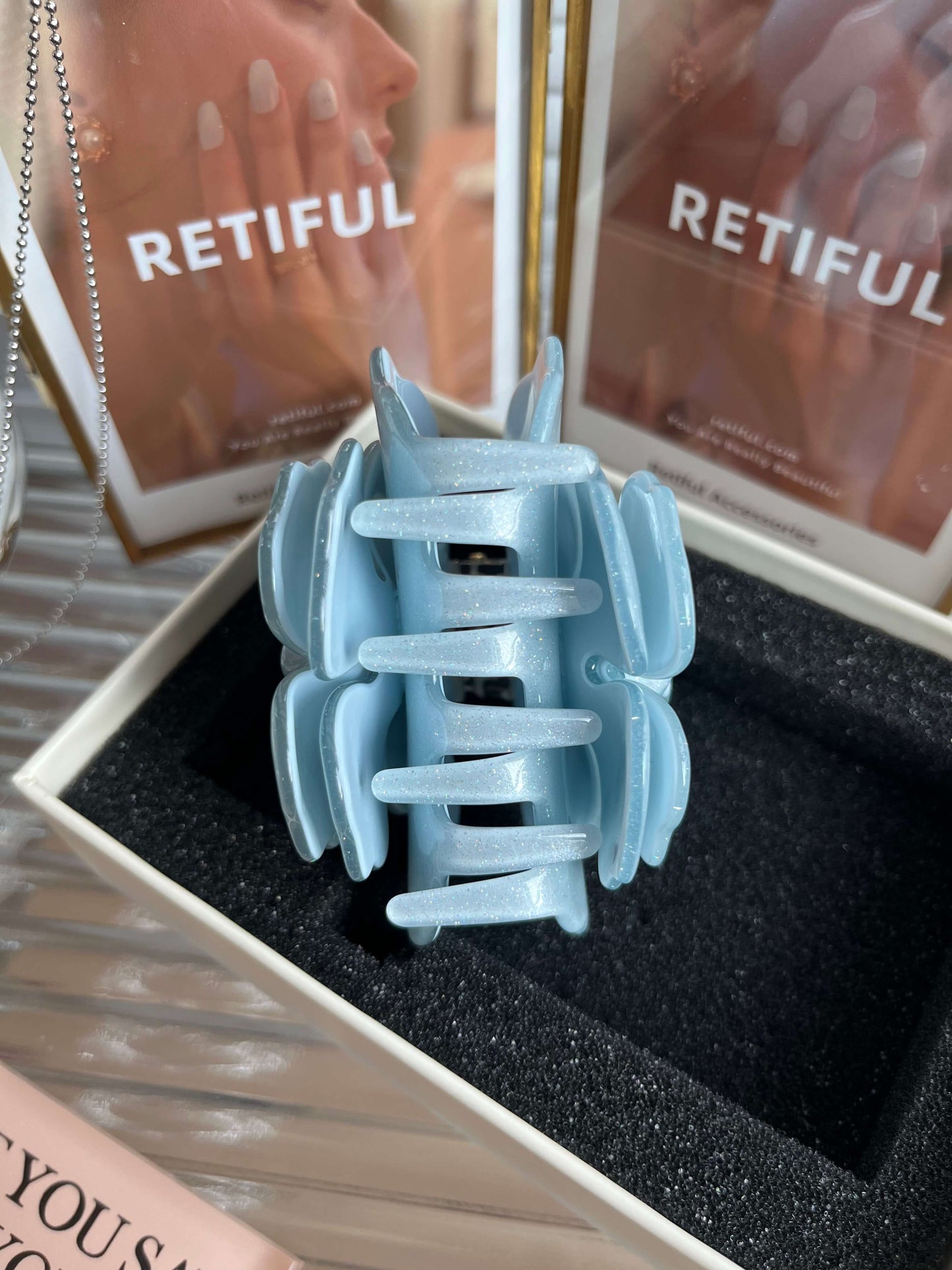 Glittering Blue Camellia Claw Clip