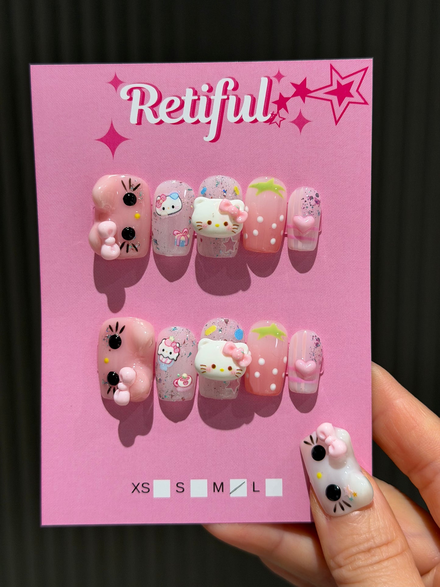 HK0224 Pink 3D Horizontal Hello Kitty Short Press-On Nails