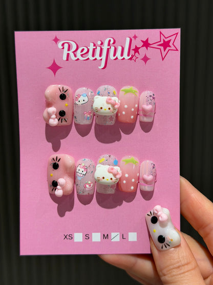 HK0224 Pink 3D Horizontal Hello Kitty Short Press-On Nails