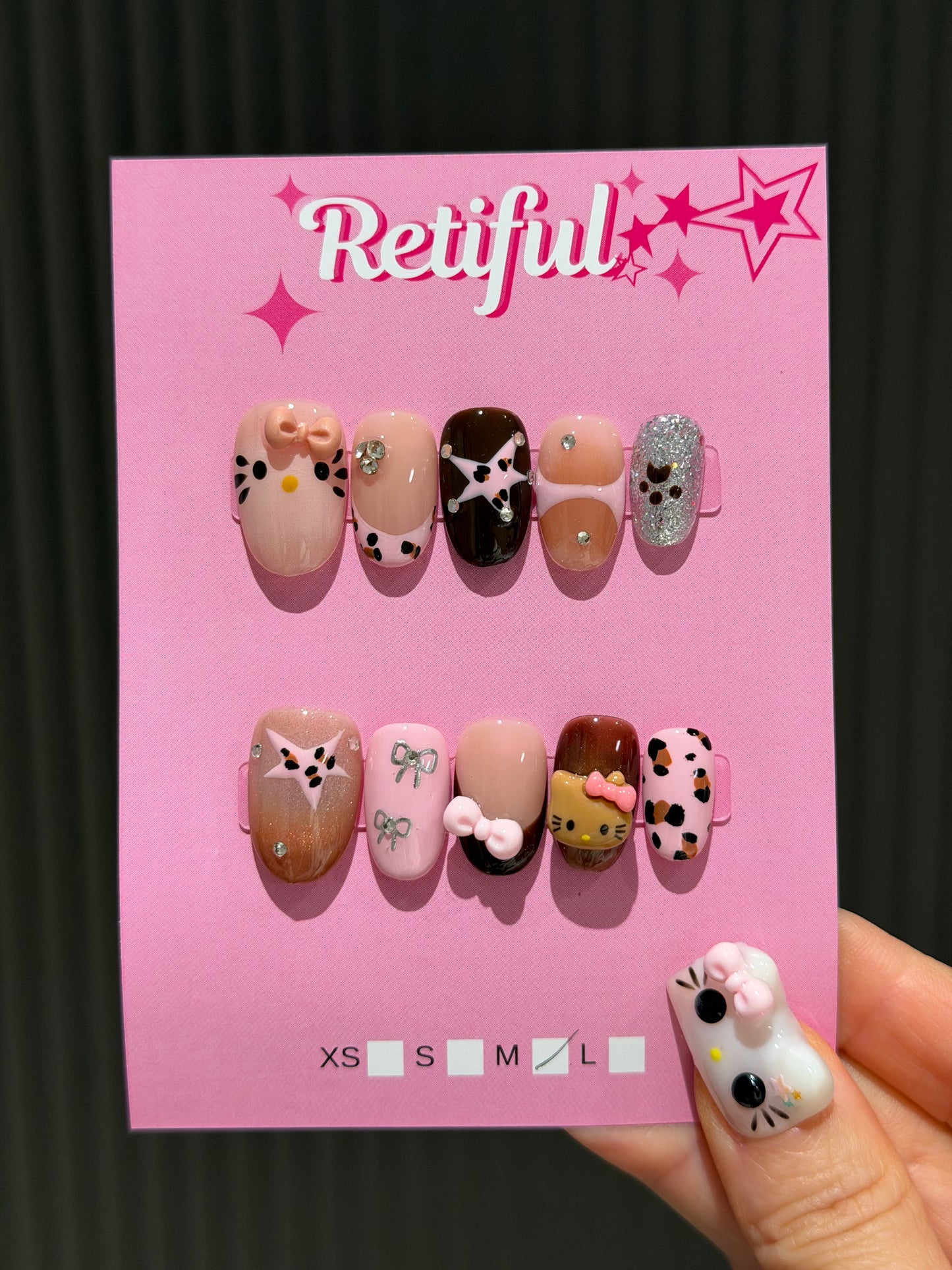 HK0227 Short Medium Pink Brown Star Hello Kitty Press-On Nails