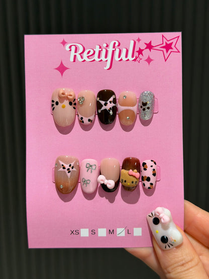 HK0227 Short Medium Pink Brown Star Hello Kitty Press-On Nails
