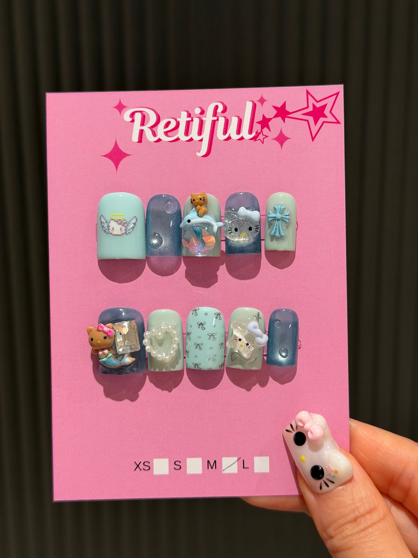HK0230 Short Blue Dolphin Hello Kitty Press-On Nails