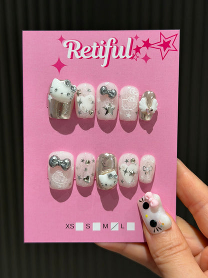 HK0232 Silver Kitty Angel Hello Kitty Press-On Nails