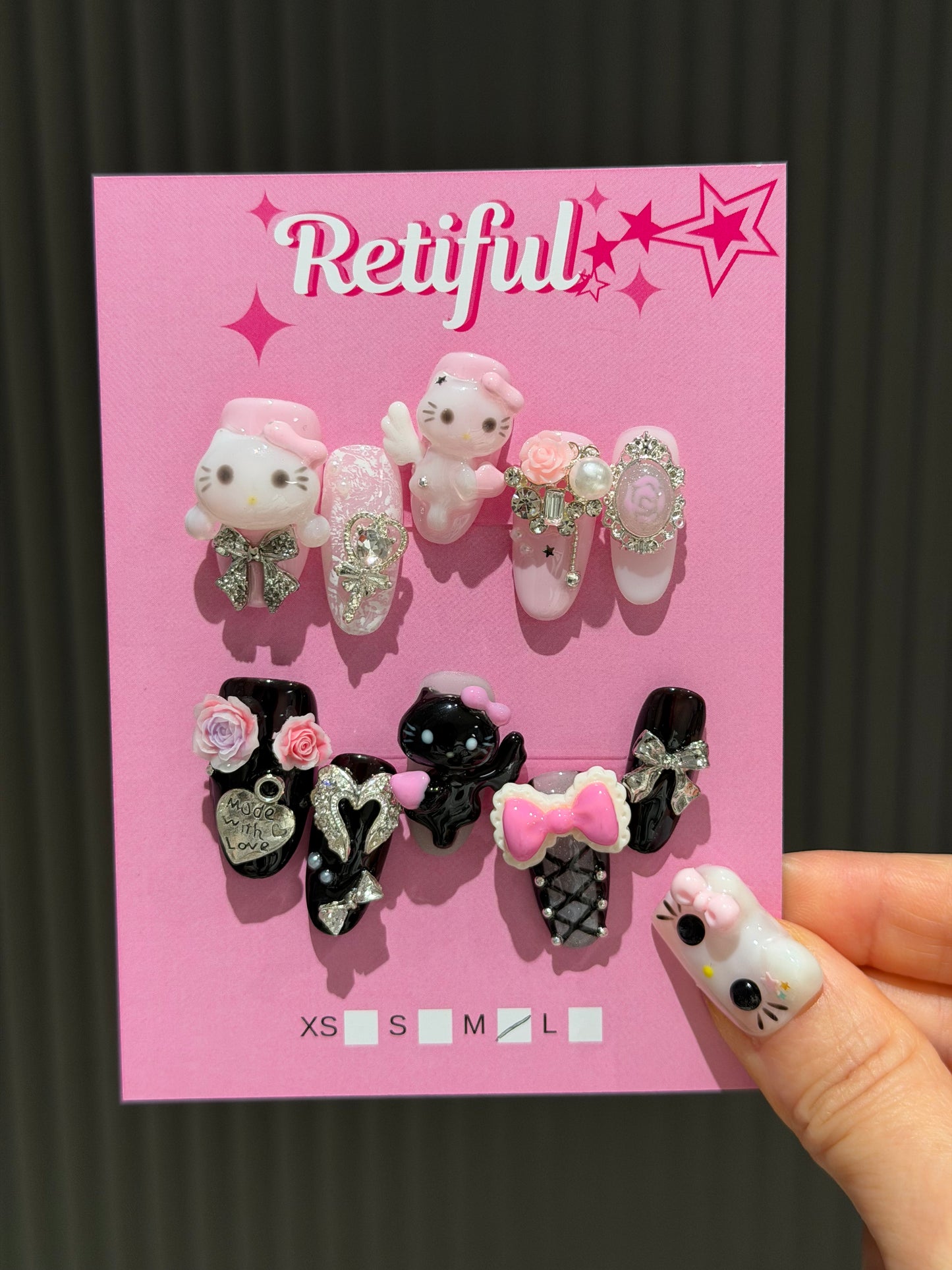 HK0234 Angel Evil Pink Black Hello Kitty Short Press-On Nails