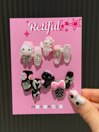 HK0234 Angel Evil Pink Black Hello Kitty Short Press-On Nails