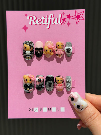 HK0235 Black Pink Silver Bag Hello Kitty Press-On Nails
