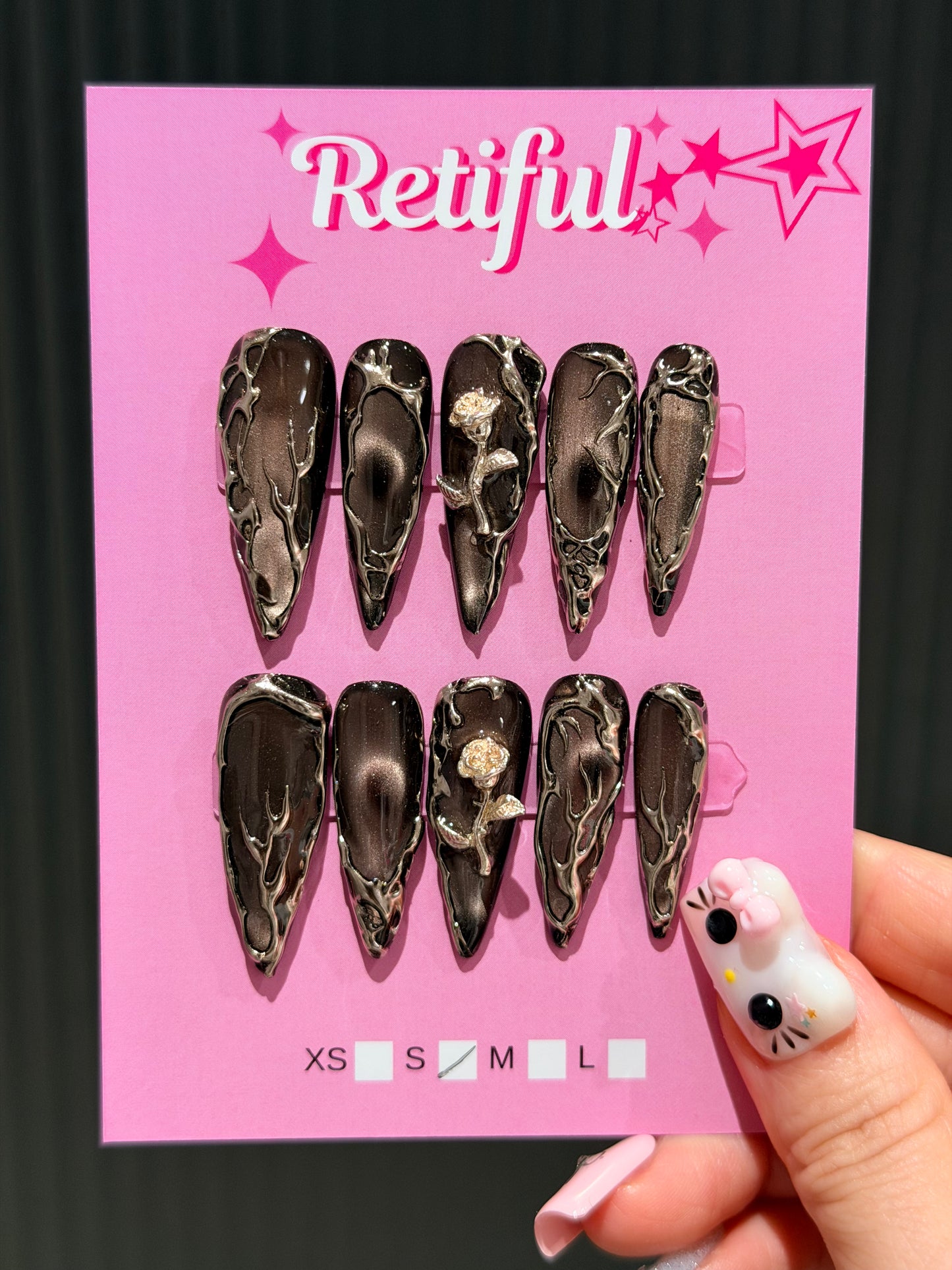 L0081 Liquid Metal Rose Long Press-On Nails (S)