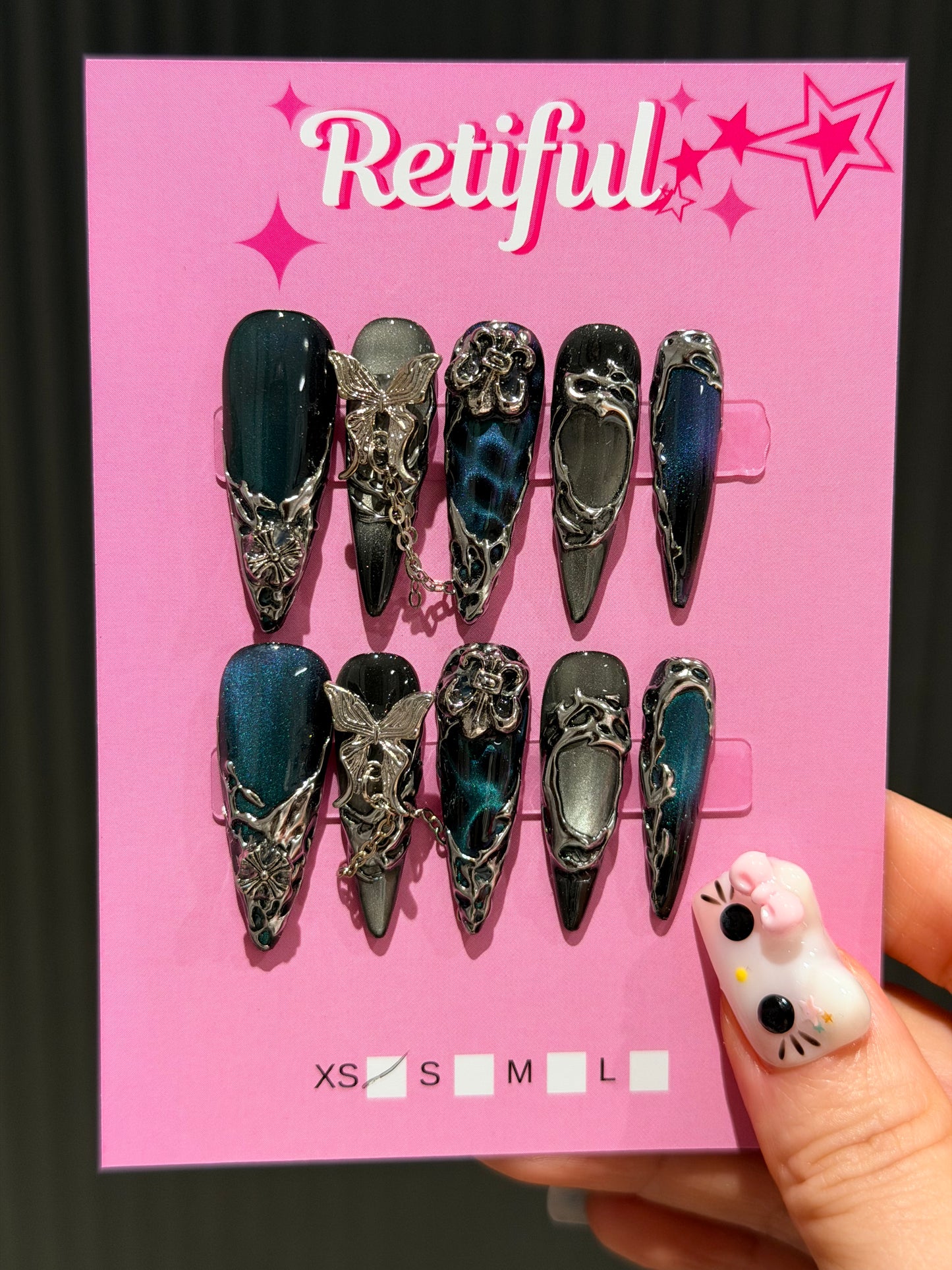 L0082 Liquid Metal Butterfly Long Press-On Nails (XS)
