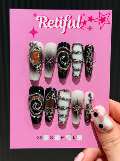 L0083 Liquid Metal Long Press-On Nails (M)