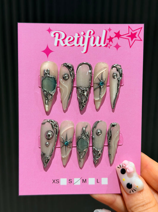 L0084 Liquid Metal Long Press-On Nails (S)