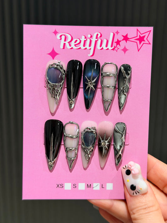 L0085 Liquid Metal Long Press-On Nails (M)