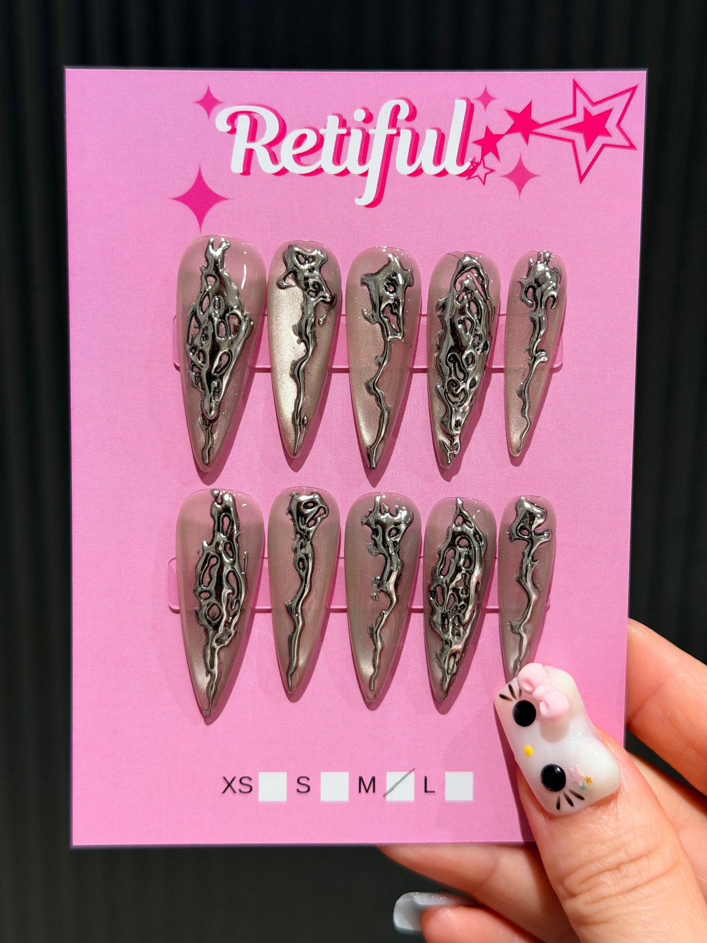 L0086 Liquid Metal Long Press-On Nails (S) (M)