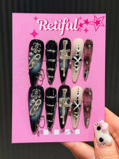 L0089 Liquid Metal Long Press-On Nails (M)