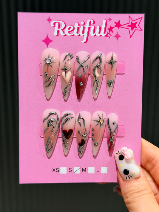 L0091 Liquid Metal Long Press-On Nails (S)