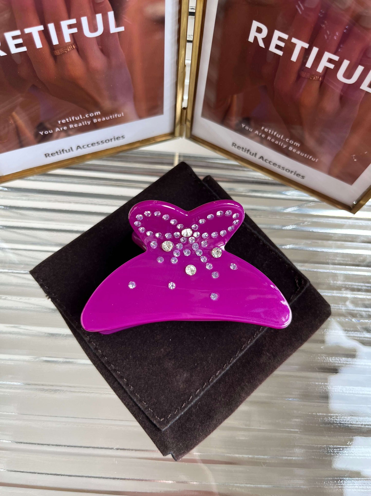 Rhinestoned Bow Claw Clip In Purple