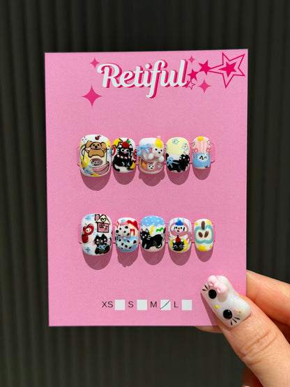 S0032 Puppy & Kitty Parade Hand-Painted Press-On Nails